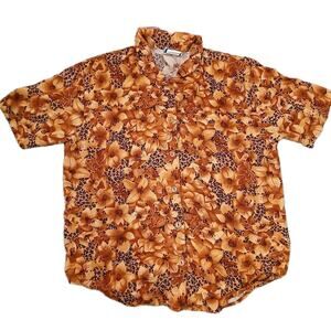 Vtg‎ TAG Women's Size L Hawaiian Camp Shirt Orange Floral Leopard Print Button